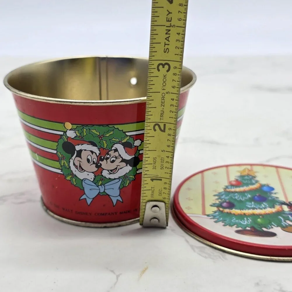 Vintage Disney Mickey Minnie Christmas Tree Round Tin Box Container Hong Kong